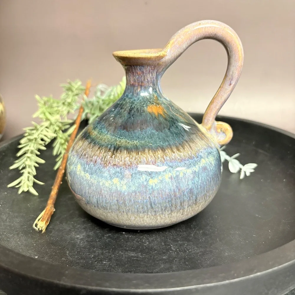Signed Studio Pottery Pitcher | Small Handmade Ceramic Vase | Blue Drip Glaze